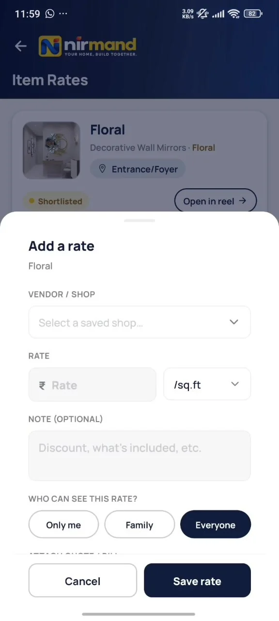 App screen: Add a rate — vendor, rate per sq.ft, note, who can see it