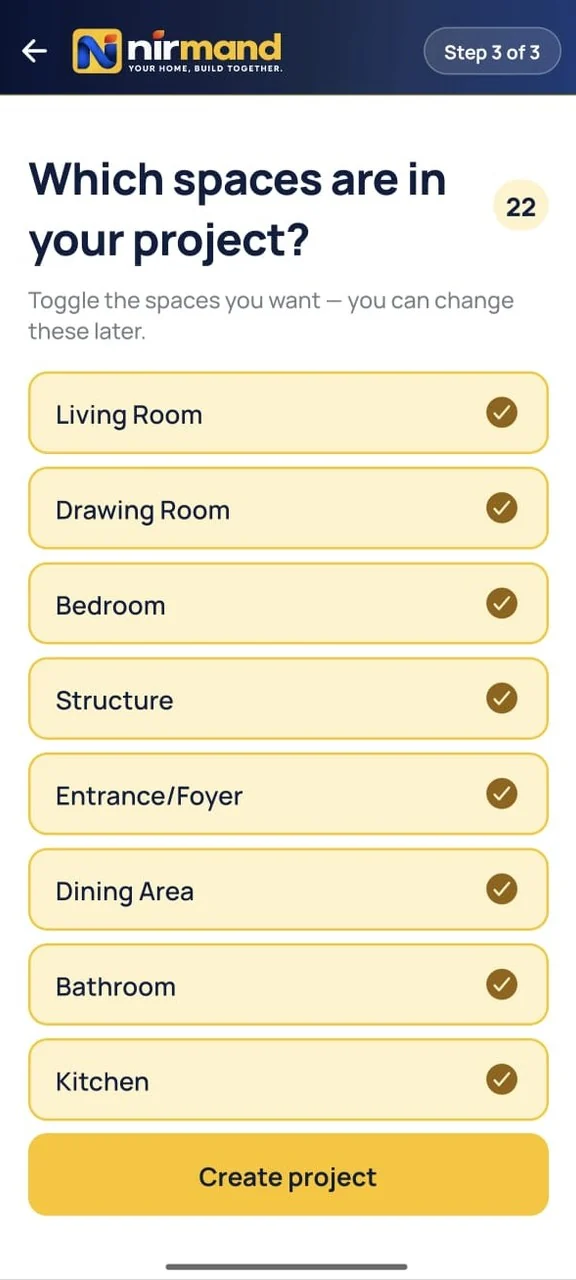 App screen, step 3 of 3: Which spaces are in your project? Living Room, Drawing Room, Bedroom, Structure, Entrance/Foyer, Dining Area, Bathroom, Kitchen