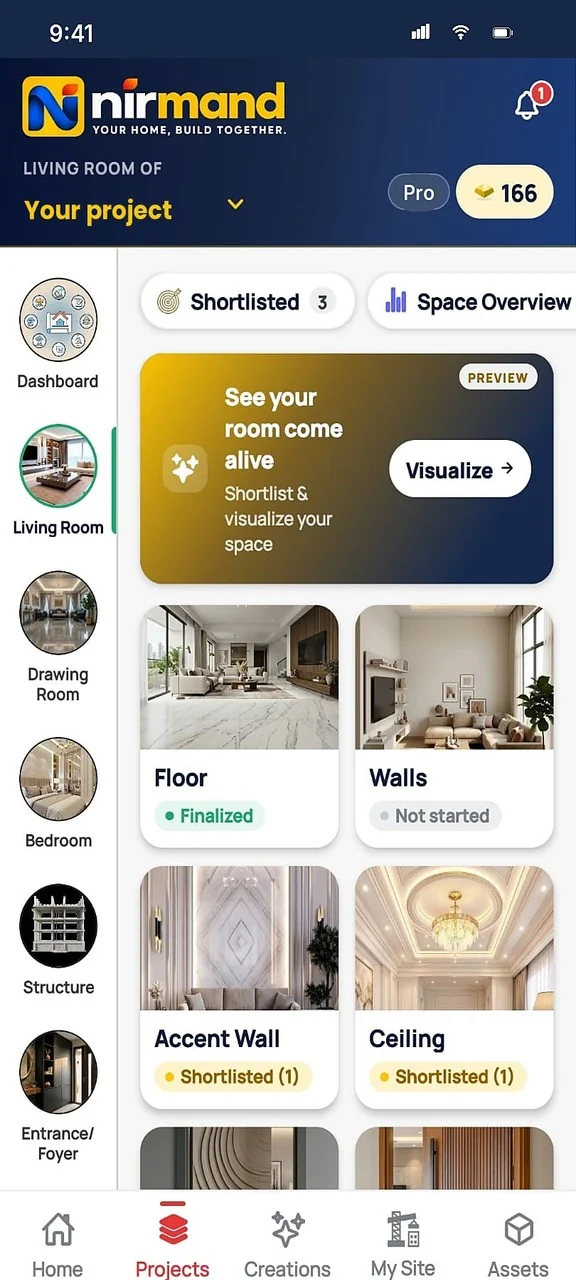 Living room: floor, walls, accent wall and ceiling, each with its status