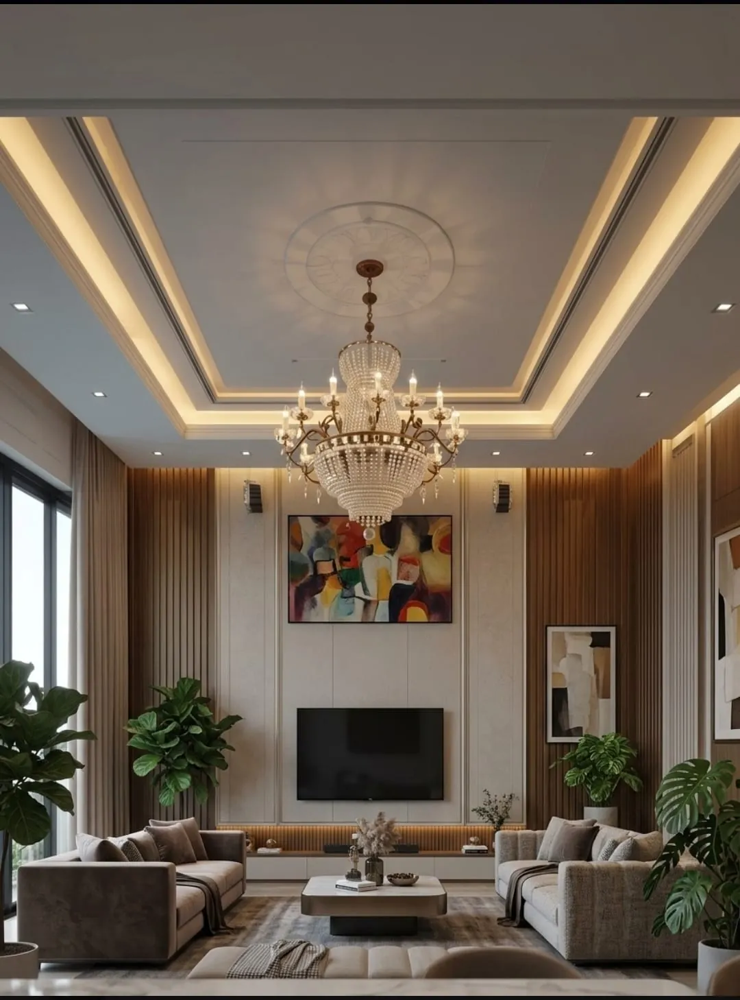 AI preview: the room finished with wood panels, a cove ceiling and a chandelier