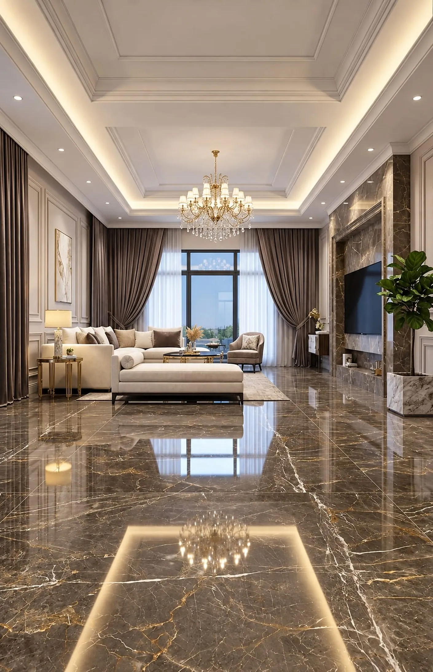 The living room, finished: marble floor, wood panels, cove ceiling and a chandelier