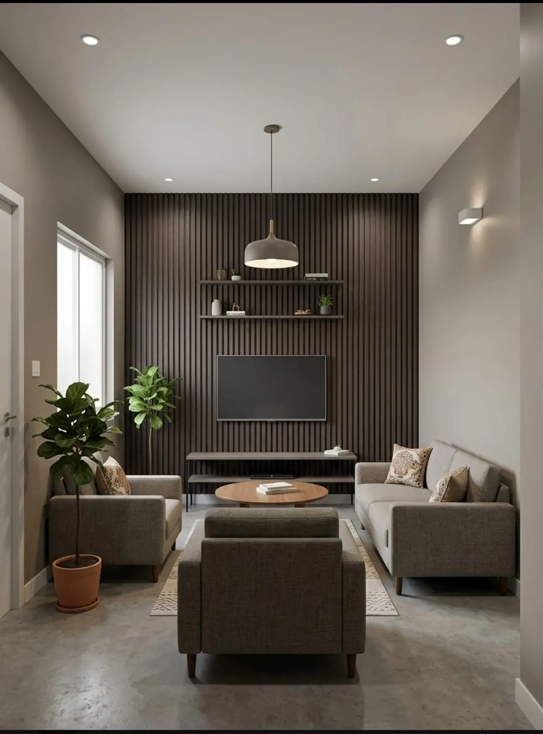 A finished living room with a dark wood slat accent wall